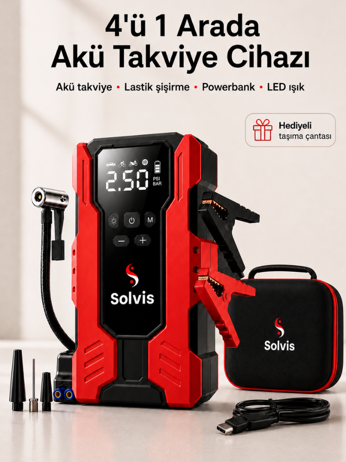 HBB-K Solvis 4-in-1 battery jump starter and maintenance device with multiple ports and digital display.