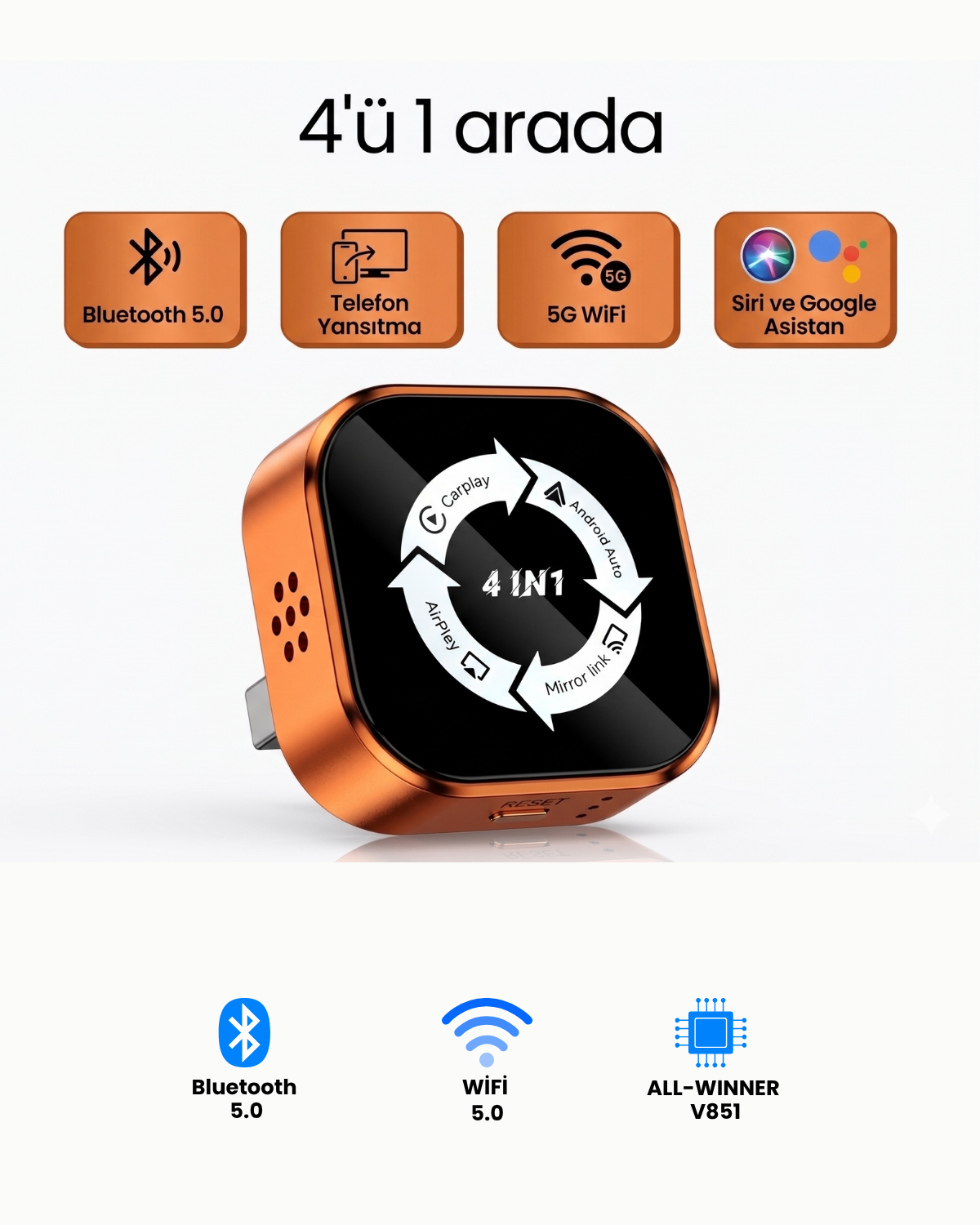 HBB-K 4'ü 1 Arada CarPlay device showing connected smartphone screens and car dashboard interface.