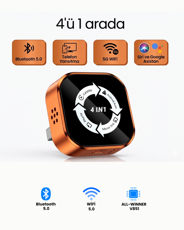 HBB-K 4'ü 1 Arada CarPlay device showing connected smartphone screens and car dashboard interface.