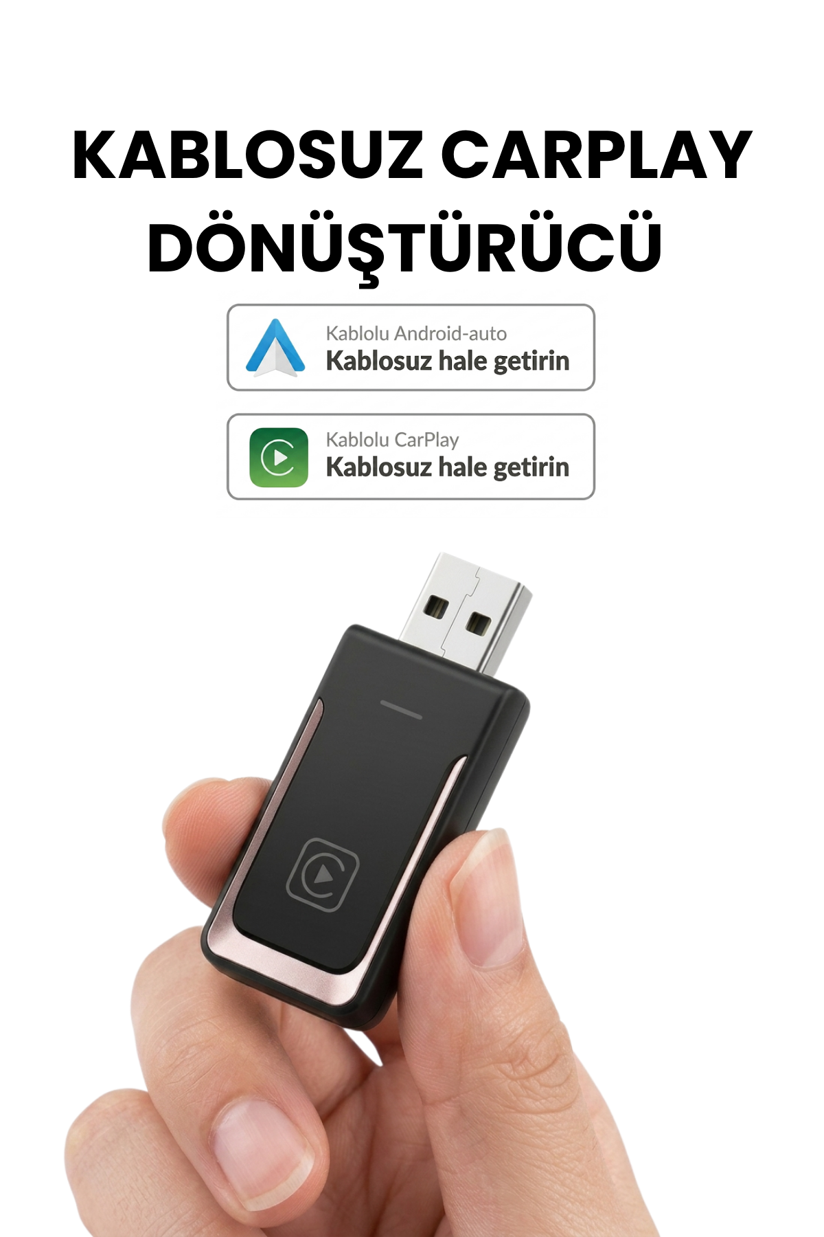 HBB-K wireless CarPlay adapter for Apple and Android devices, compact device connecting smartphones to car infotainment systems