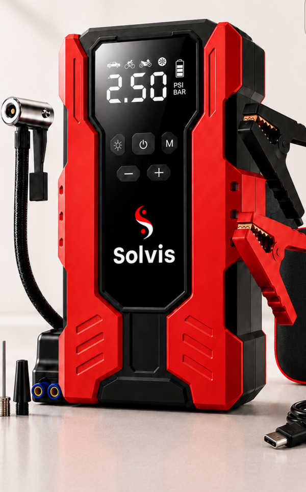 HBB-K Solvis 4-in-1 battery jump starter and charger device with display and cables for vehicle battery maintenance