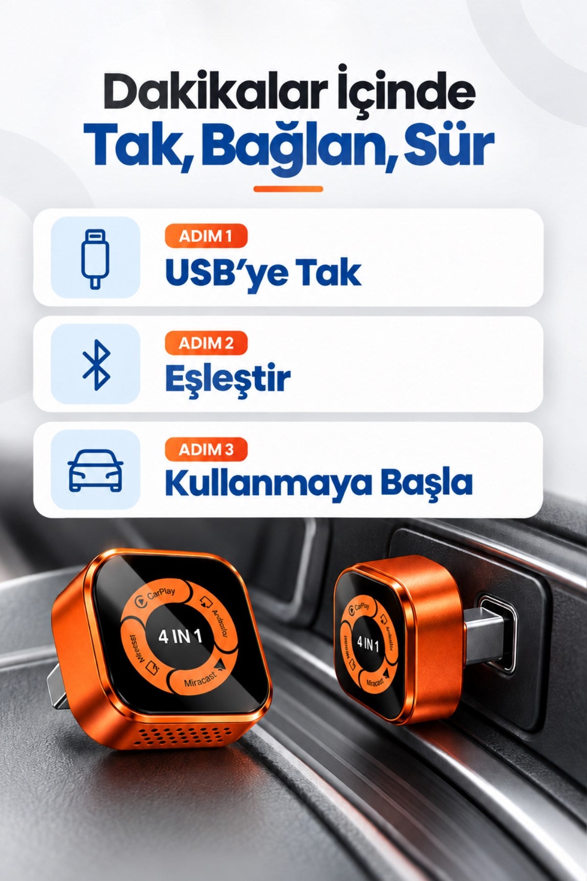 Kablosuz Araç Ekran Yansıtıcı ve Carplay Adaptörü, Kablosuz Dönüştürücü 4in1 Apple ve Android Uyumlu Carplay Adaptörü