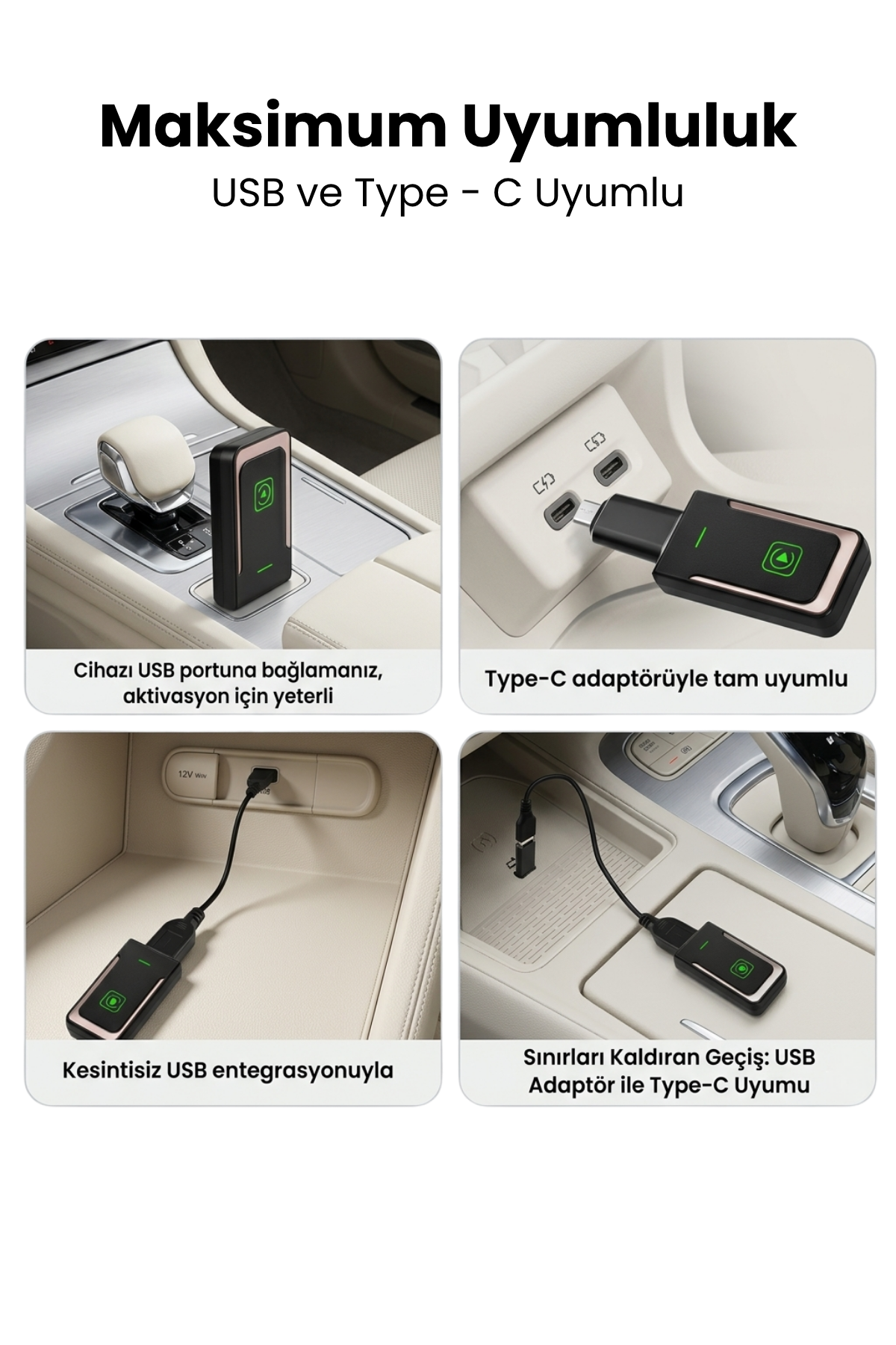 Wireless CarPlay adapter by HBB-K for Apple and Android devices, showing a sleek black device connected to a car dashboard.
