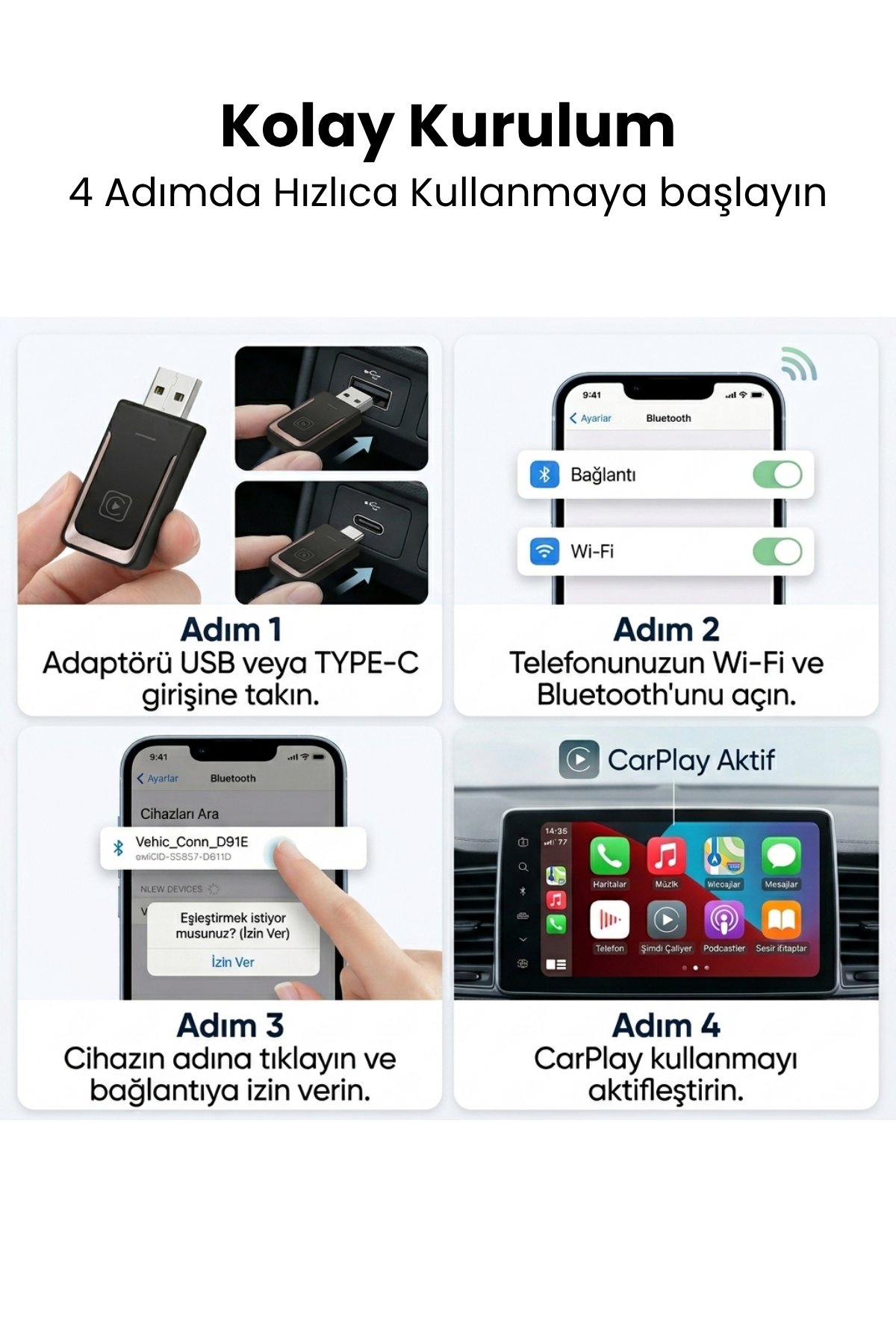 HBB-K wireless CarPlay adapter for Apple and Android devices, showing the compact device connected to a car dashboard.