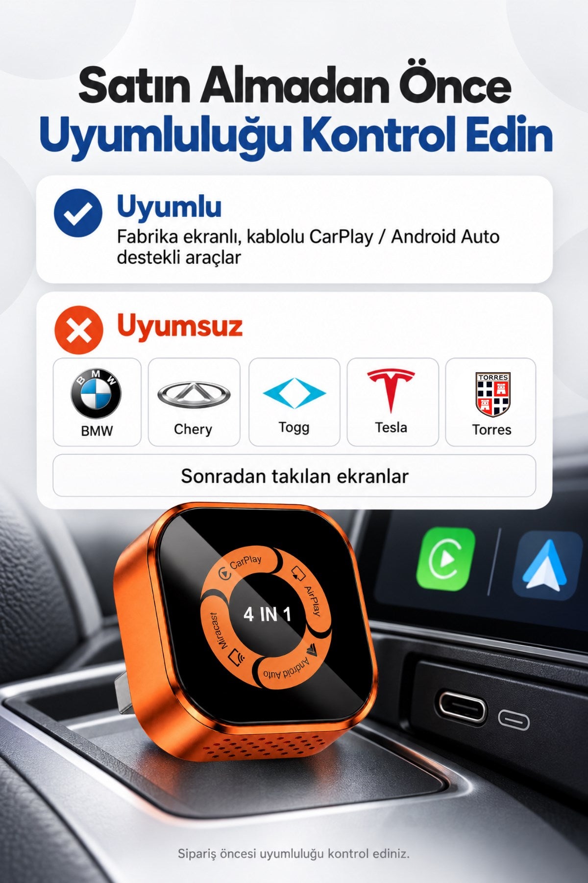 Kablosuz Araç Ekran Yansıtıcı ve Carplay Adaptörü, Kablosuz Dönüştürücü 4in1 Apple ve Android Uyumlu Carplay Adaptörü