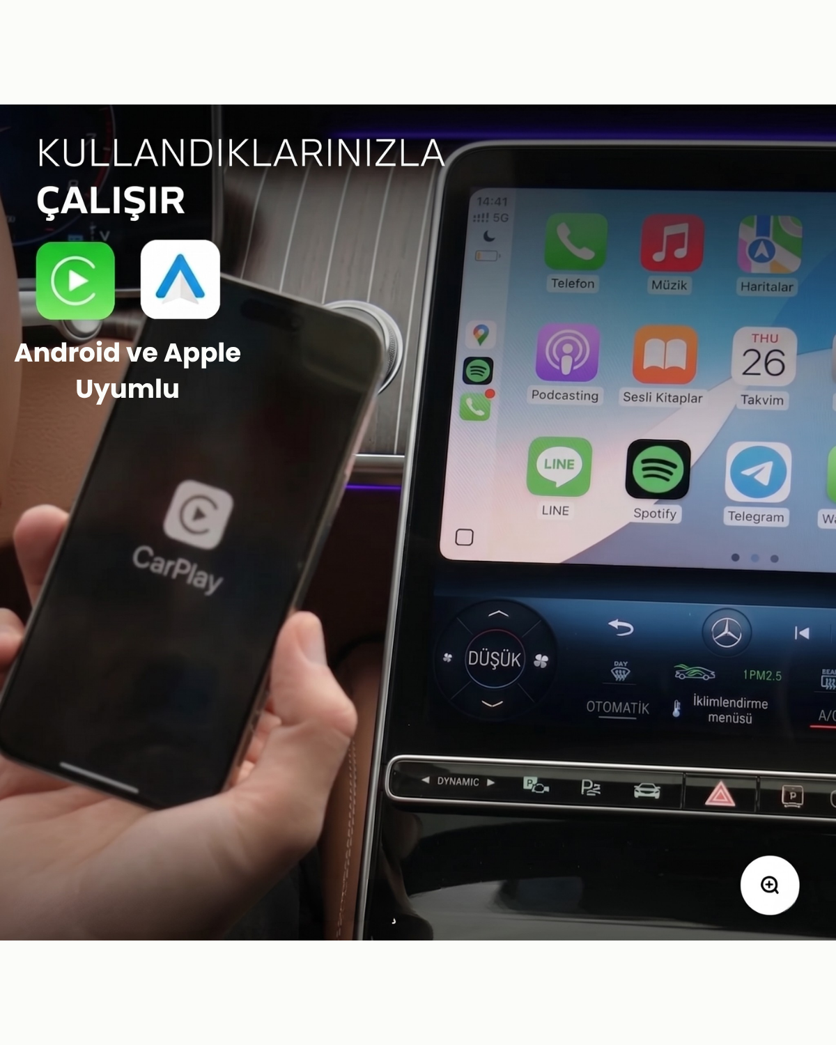 HBB-K 4'ü 1 Arada CarPlay device showing multiple smartphone connections and CarPlay interface on a car dashboard screen