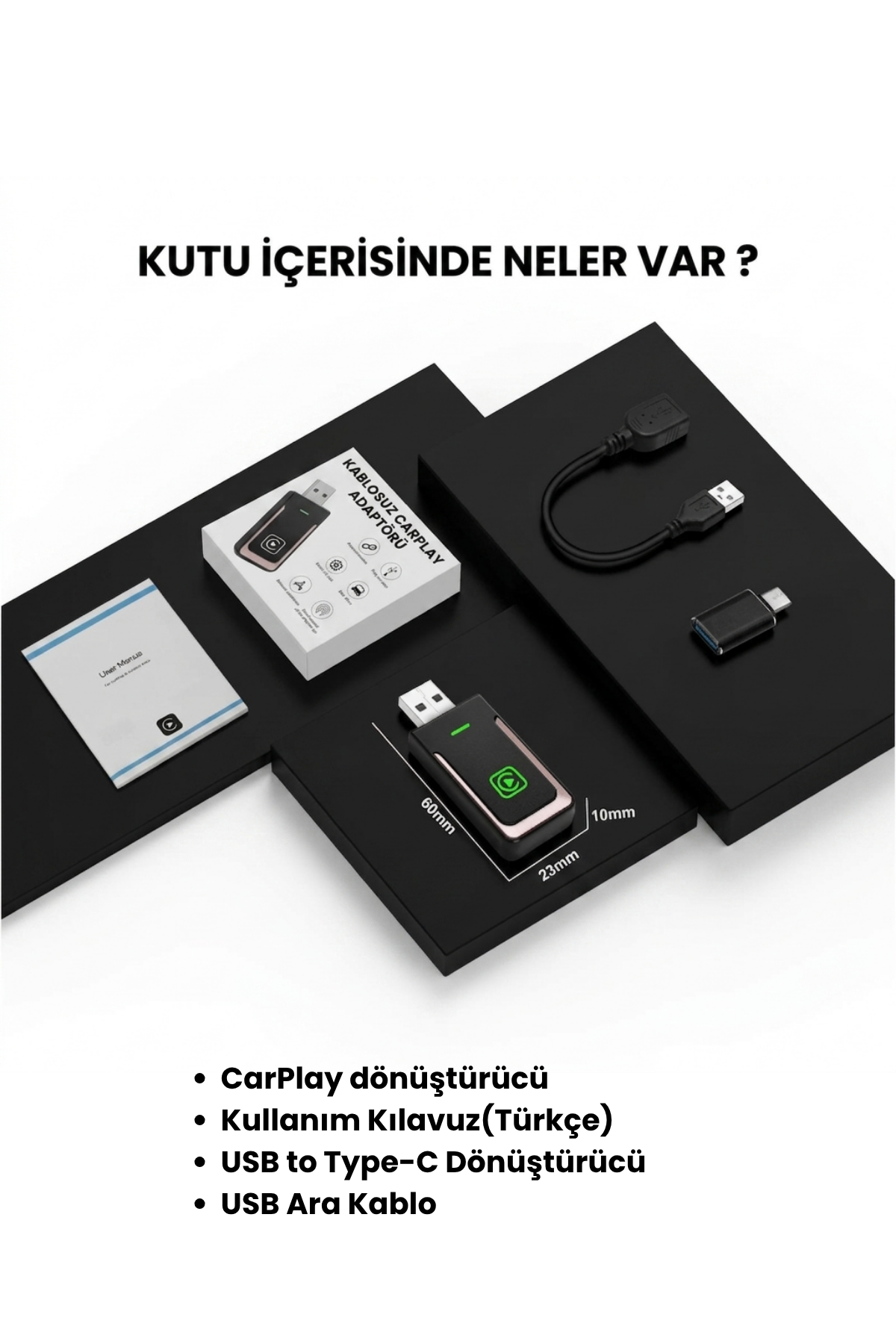 HBB-K wireless CarPlay adapter for Apple and Android devices, showing the compact device connected to a car dashboard.