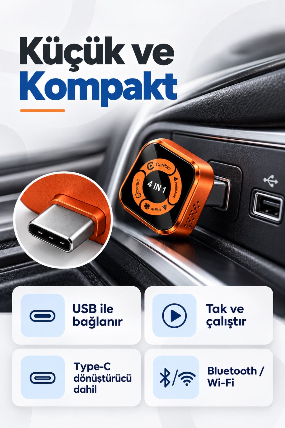 Kablosuz Araç Ekran Yansıtıcı ve Carplay Adaptörü, Kablosuz Dönüştürücü 4in1 Apple ve Android Uyumlu Carplay Adaptörü