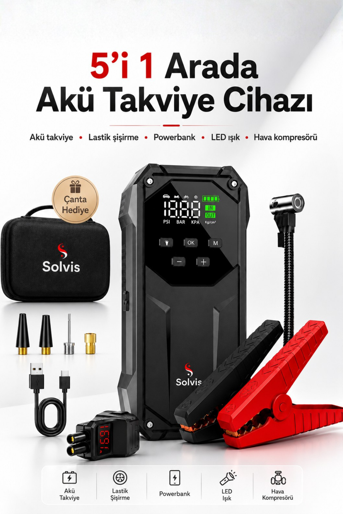 HBB-K Solvis 5'i 1 Arada Premium Akü Takviyesi, compact multi-purpose battery backup device with display and multiple connection ports.