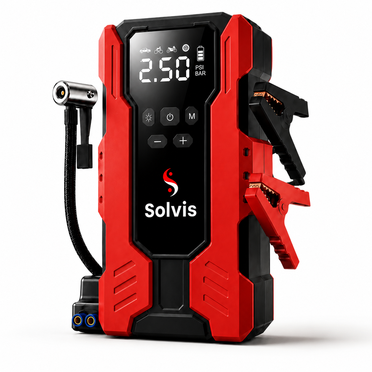 HBB-K Solvis 4-in-1 battery jump starter and maintenance device with multiple ports and digital display.