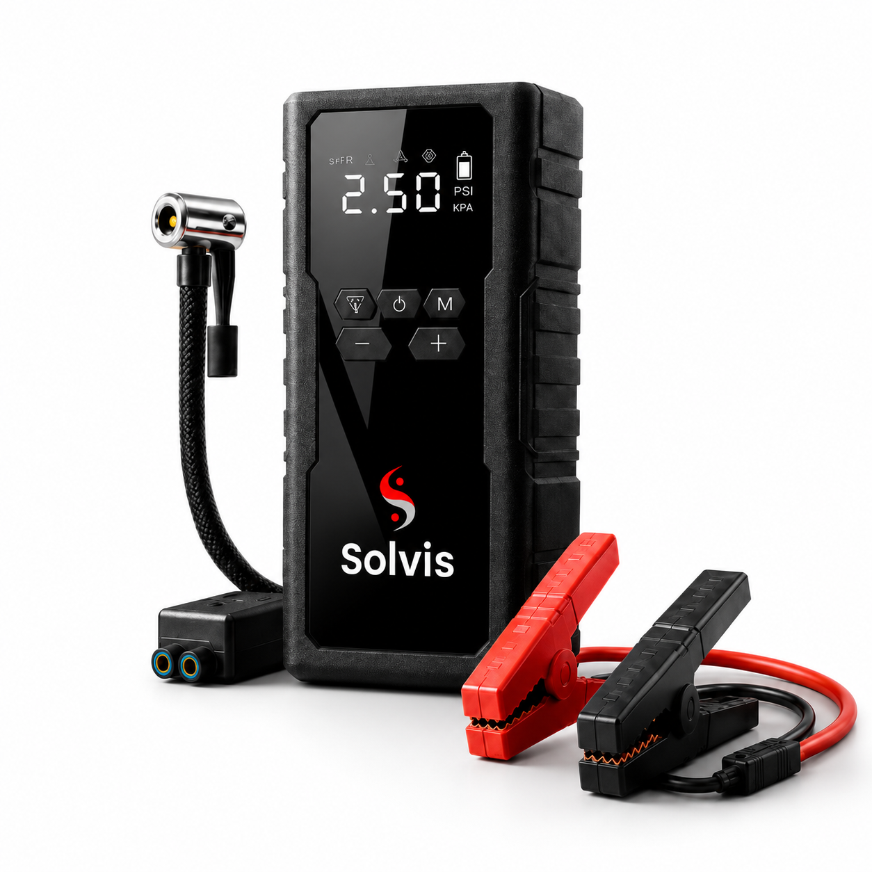 HBB-K Solvis 4-in-1 battery jump starter and maintenance device with multiple ports and digital display.