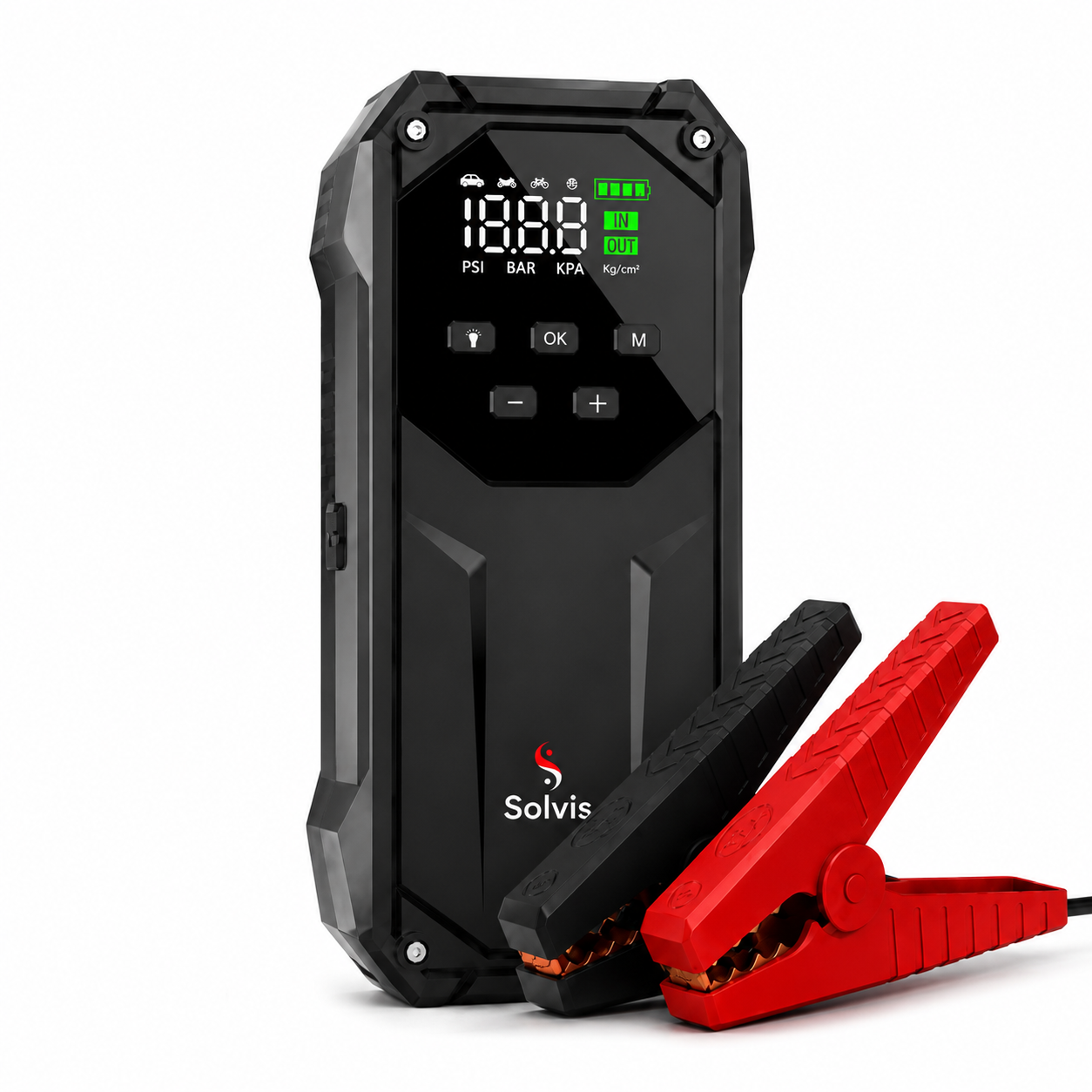 HBB-K Solvis 4-in-1 battery jump starter and maintenance device with multiple ports and digital display.