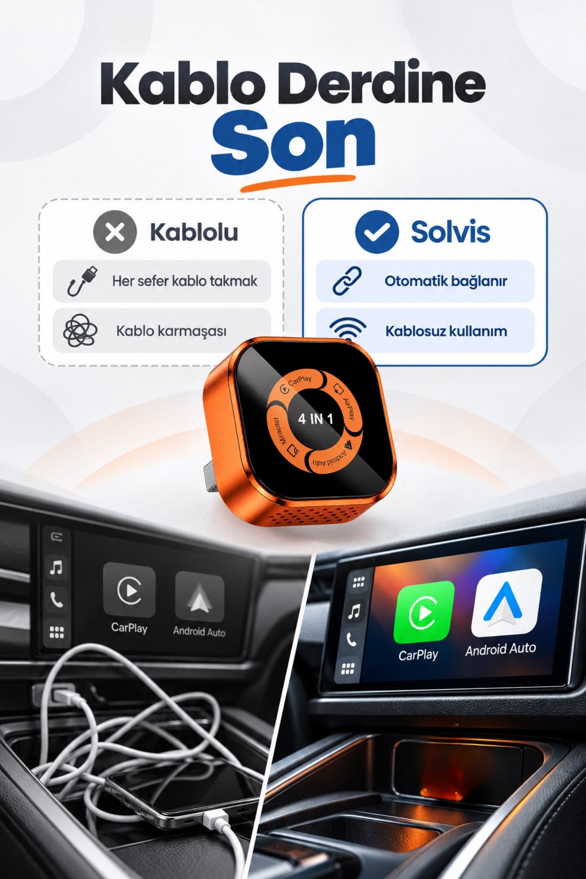 Kablosuz Araç Ekran Yansıtıcı ve Carplay Adaptörü, Kablosuz Dönüştürücü 4in1 Apple ve Android Uyumlu Carplay Adaptörü