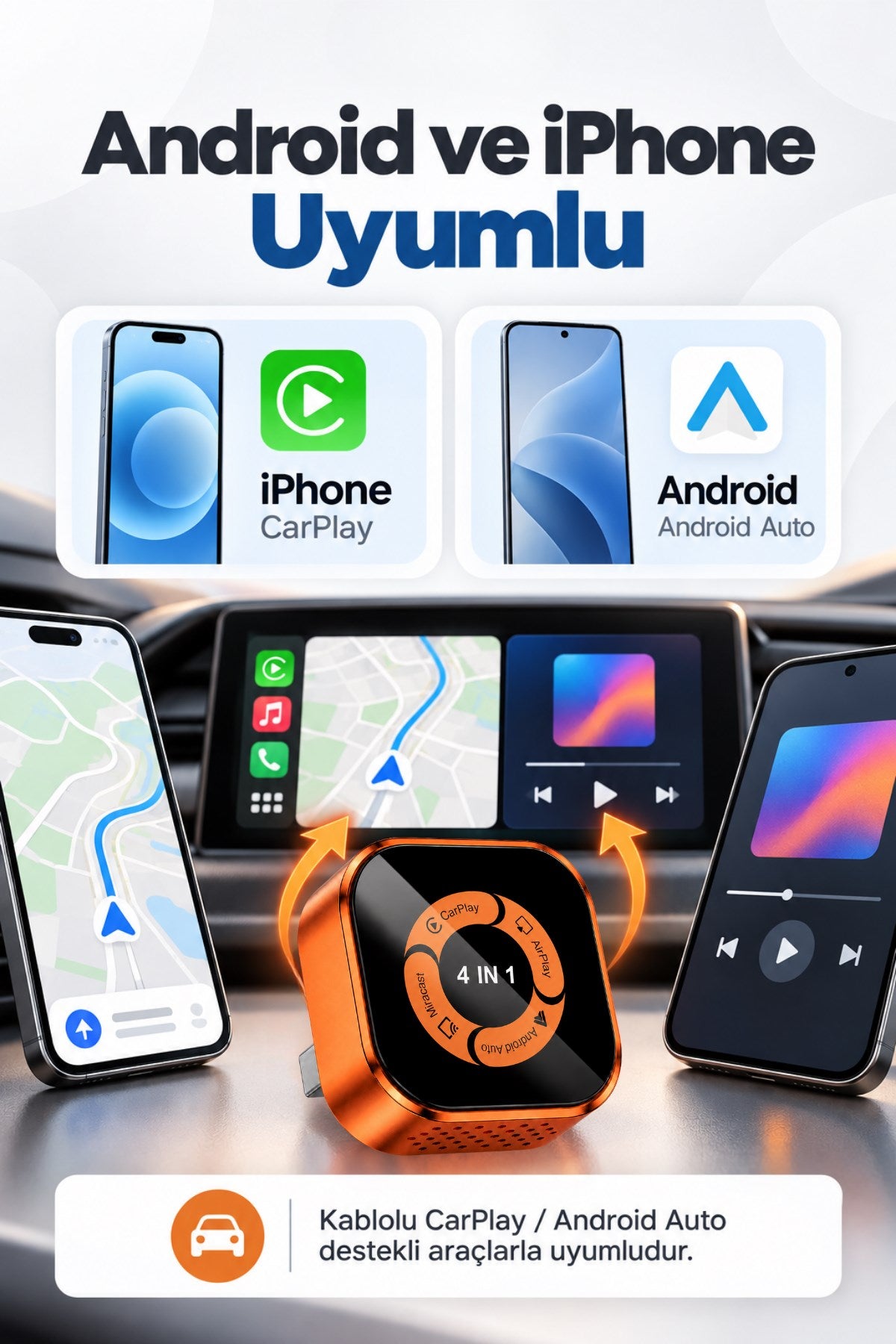 Kablosuz Araç Ekran Yansıtıcı ve Carplay Adaptörü, Kablosuz Dönüştürücü 4in1 Apple ve Android Uyumlu Carplay Adaptörü