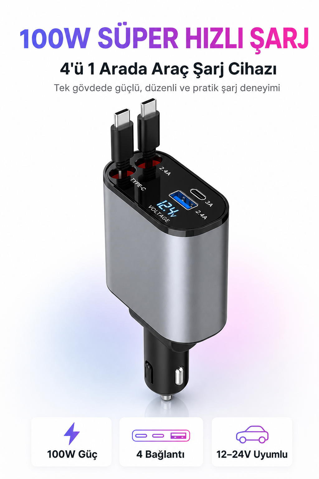 4'ü 1 Arada 120W Geri Çekilebilir Araç Şarj Cihazı