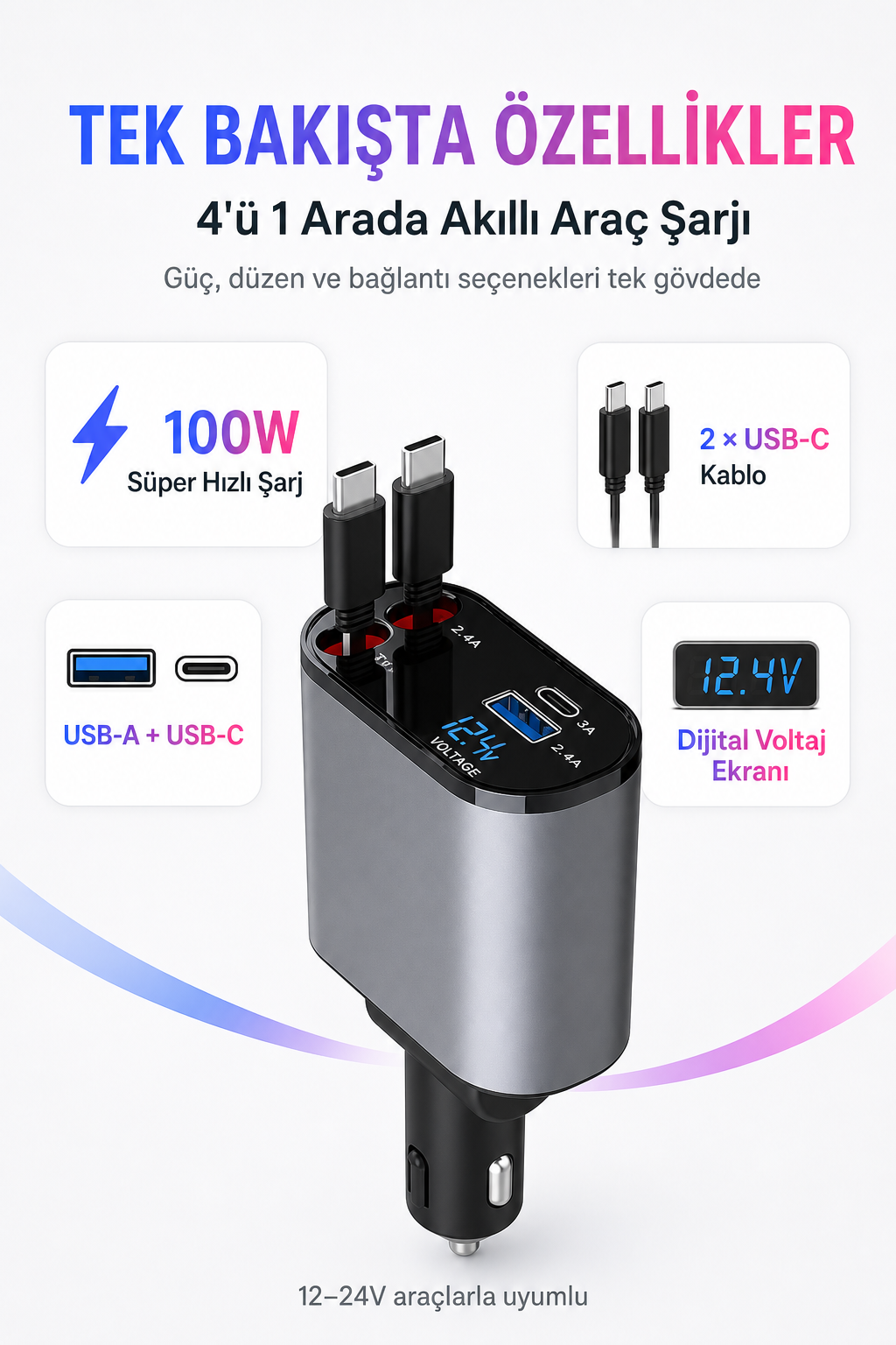 4'ü 1 Arada 120W Geri Çekilebilir Araç Şarj Cihazı
