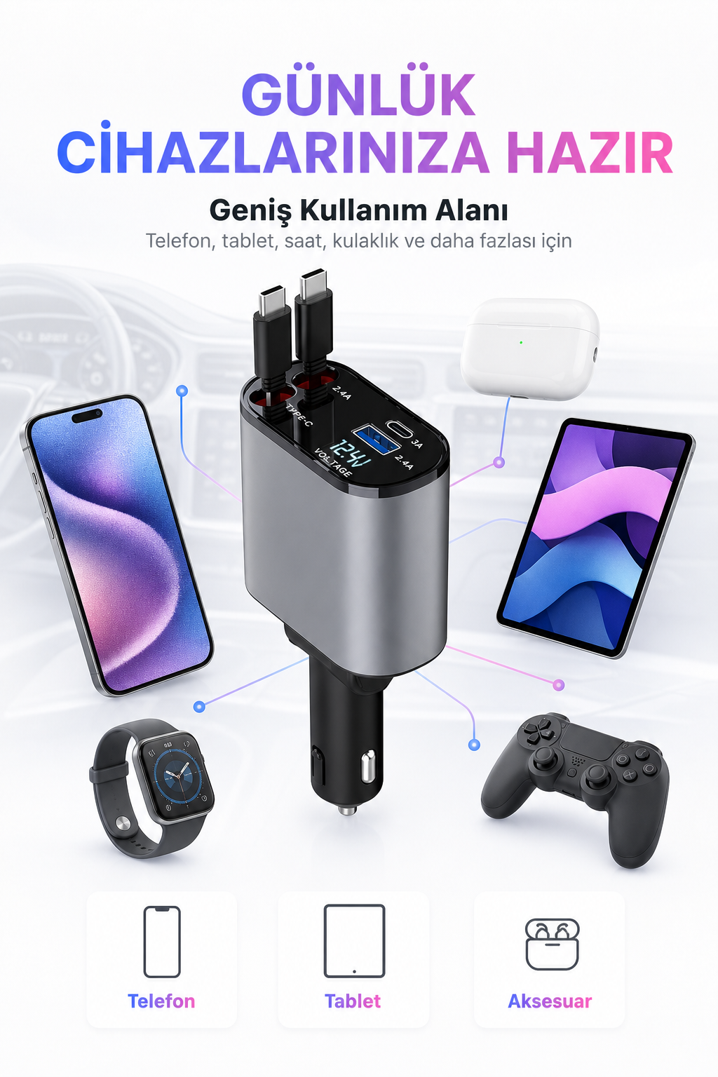 4'ü 1 Arada 120W Geri Çekilebilir Araç Şarj Cihazı