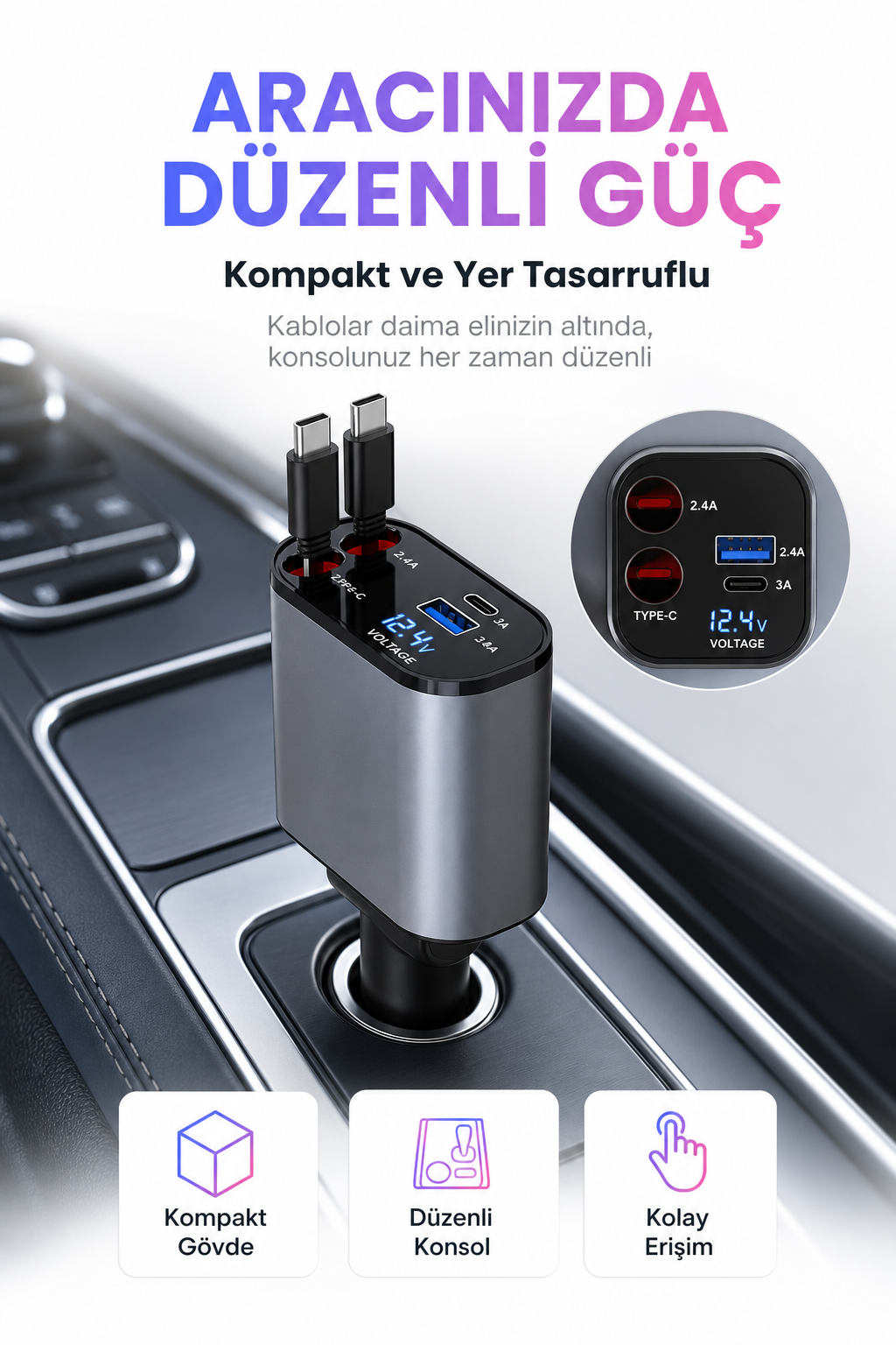 4'ü 1 Arada 120W Geri Çekilebilir Araç Şarj Cihazı