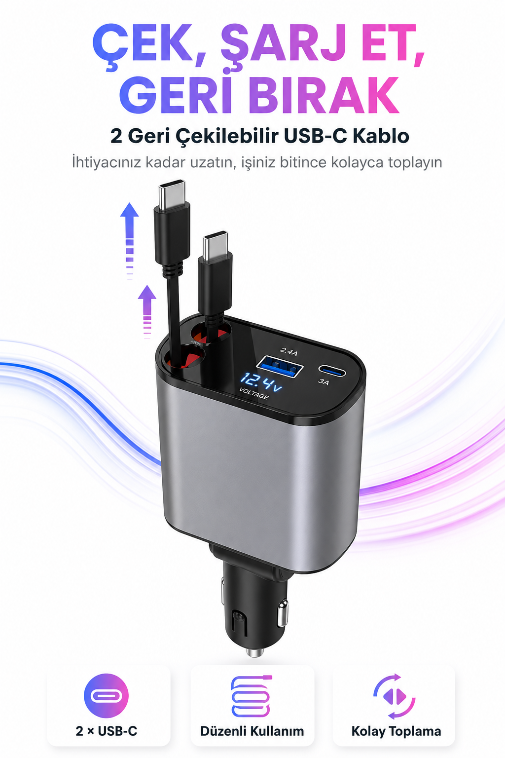 4'ü 1 Arada 120W Geri Çekilebilir Araç Şarj Cihazı
