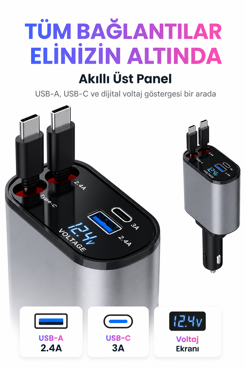 4'ü 1 Arada 120W Geri Çekilebilir Araç Şarj Cihazı