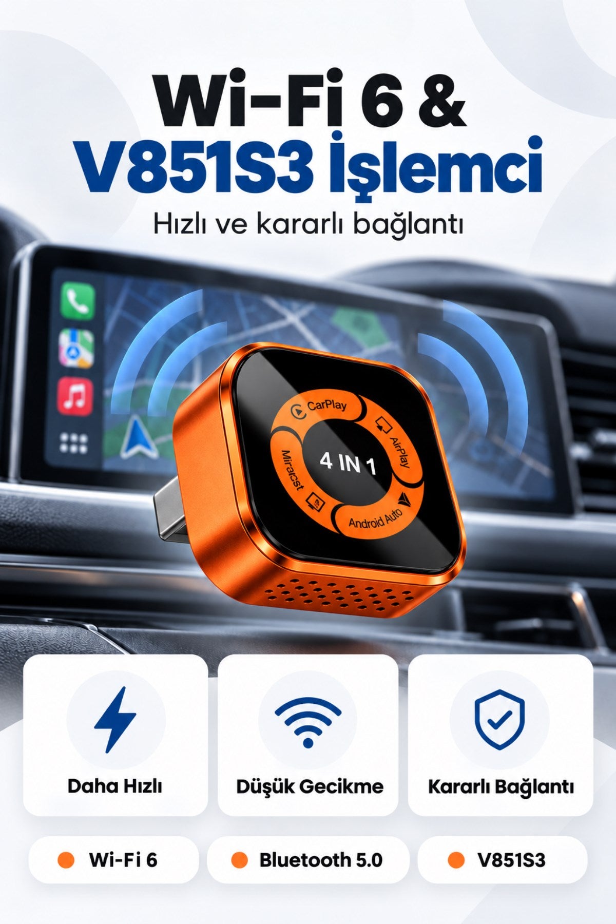 Kablosuz Araç Ekran Yansıtıcı ve Carplay Adaptörü, Kablosuz Dönüştürücü 4in1 Apple ve Android Uyumlu Carplay Adaptörü